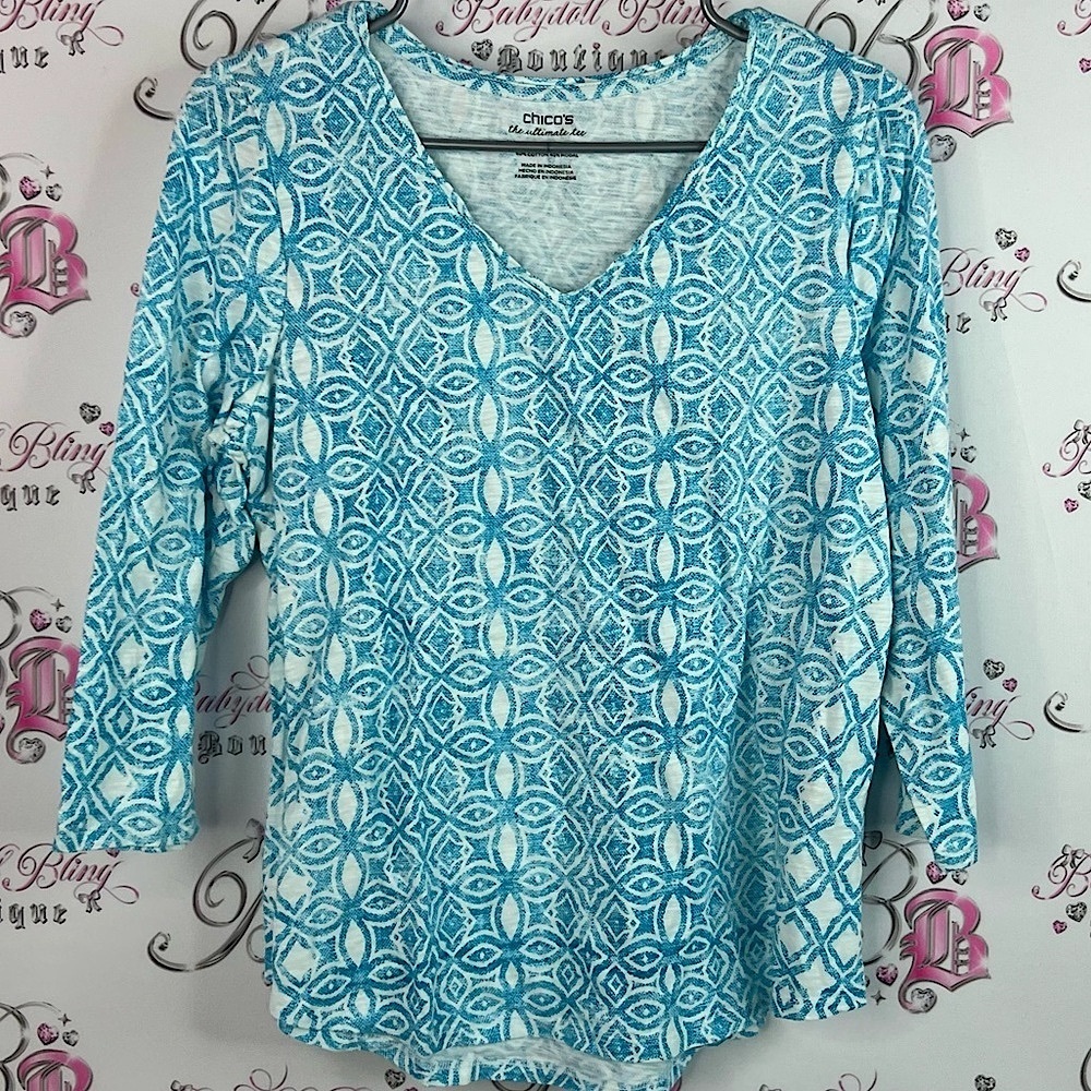 Chico's top long sleeve blue white Teal Geometric Women's Blouse